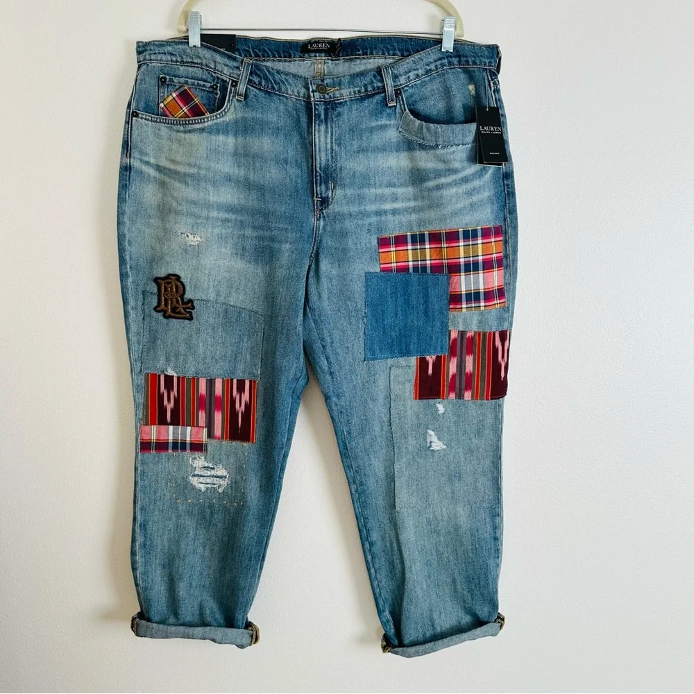 New Ralph Lauren Plus Size Patchwork Boho Relaxed Tapered Jeans in Skye Wash - Picture 7 of 12